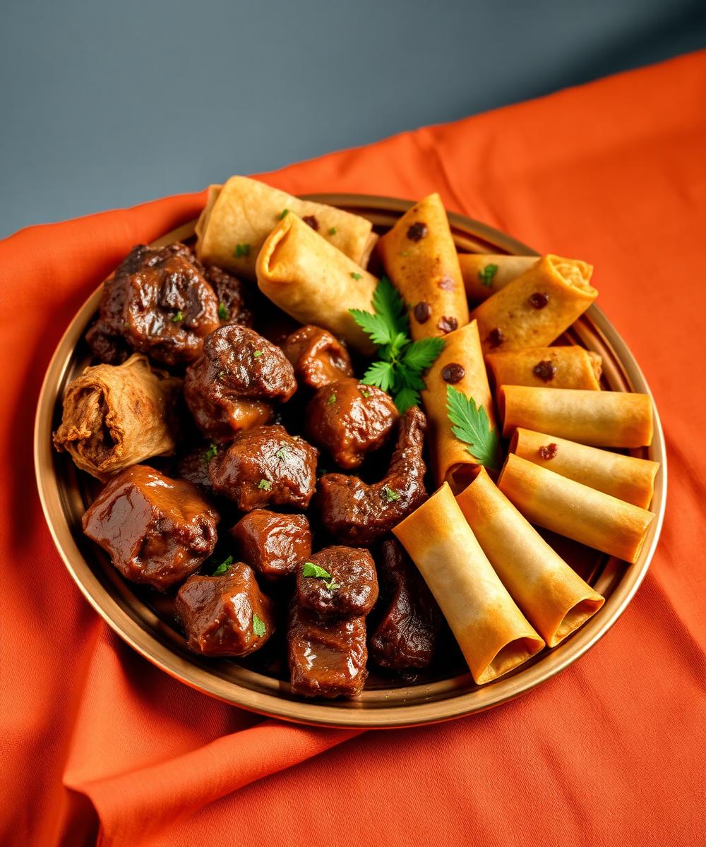 Assorted small chops on a copper platter
