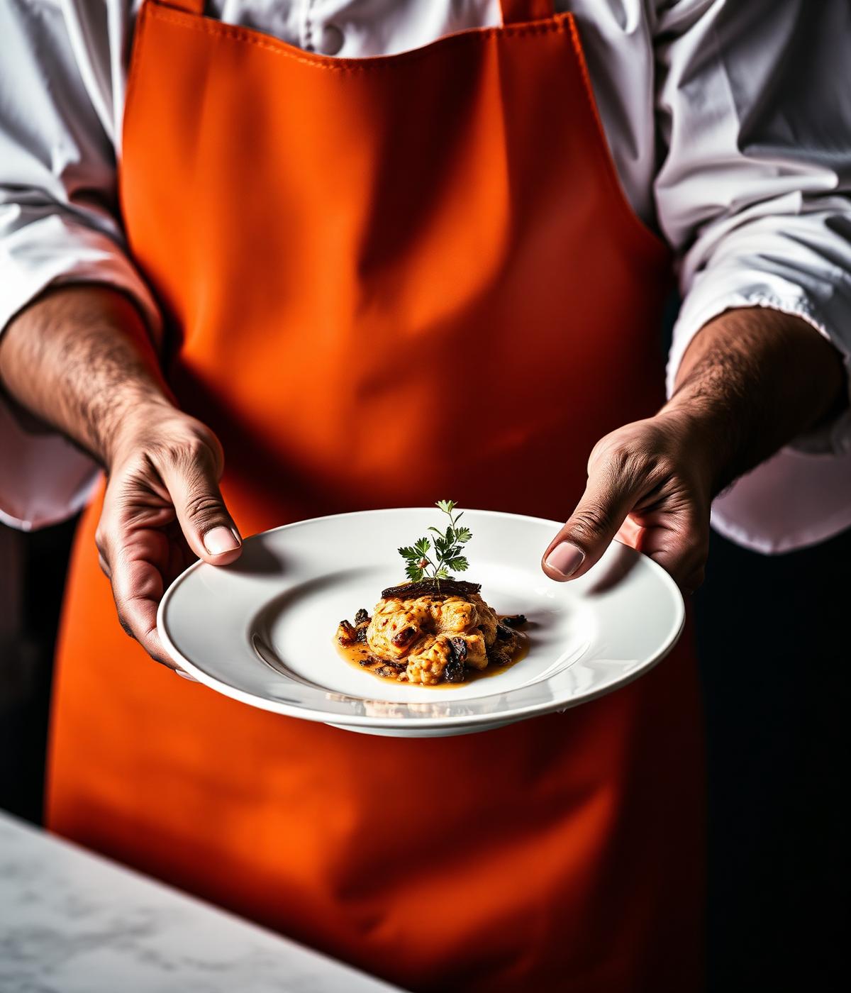 Chef finishing a plated dish in the studio kitchen